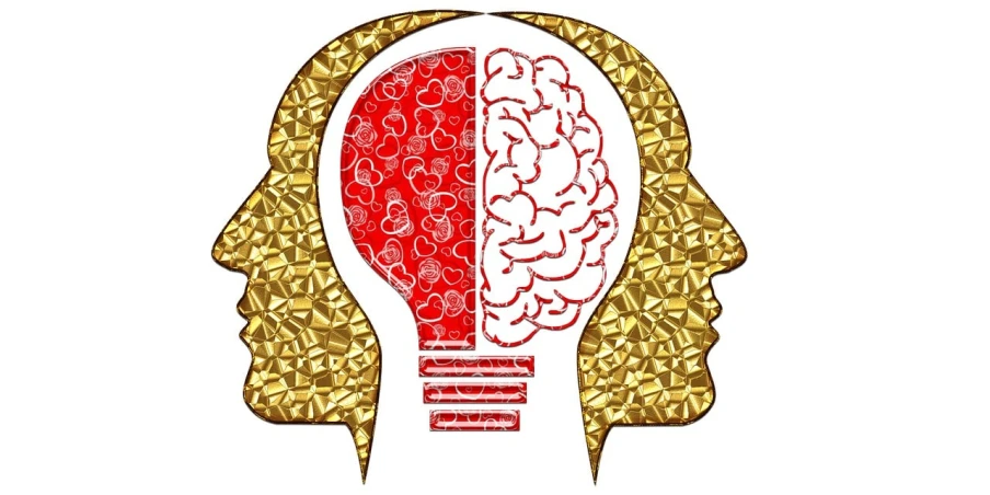 a drawing of a human head with a brain inside of it, by Robert Gavin, trending on pixabay, precisionism, red white and gold color scheme, two heads, language learning logo, man and woman