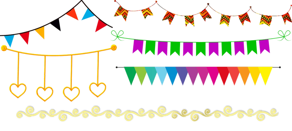 a set of colorful flags and garlands on a black background, a digital rendering, flickr, pixel art, 😃😀😄☺🙃😉😗, parade floats, very grainy, ornamental arrows