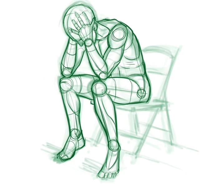 a drawing of a man sitting on a chair, a sketch, pixiv, altermodern, crying cyborg woman, facepalm, green legs, cyborg frame concept
