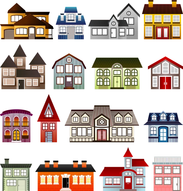 a bunch of different colored houses on a black background, an illustration of, sharp high detail illustration, front elevation, doors, in style of ultra high detail