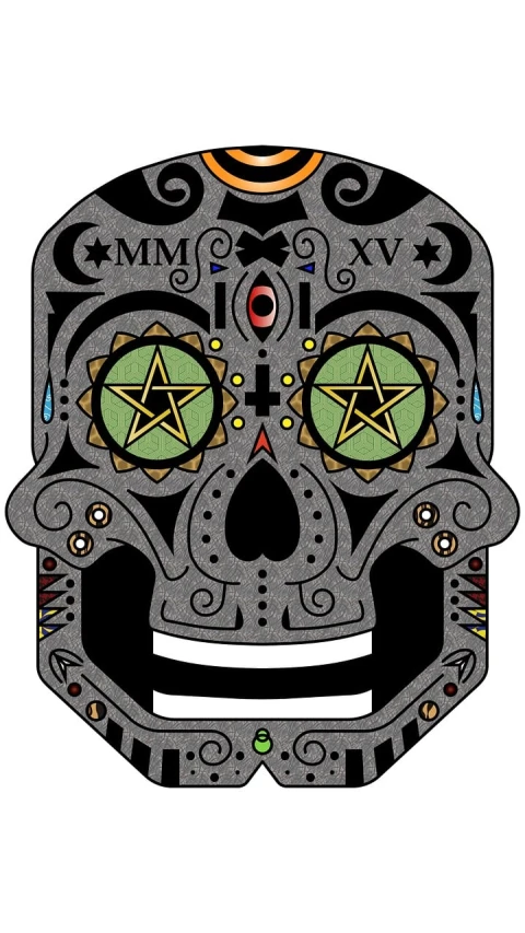 a drawing of a day of the dead skull, a digital rendering, by Benjamin Marra, toyism, black gotic letter m, pentacle, chrome face symmetry, monument