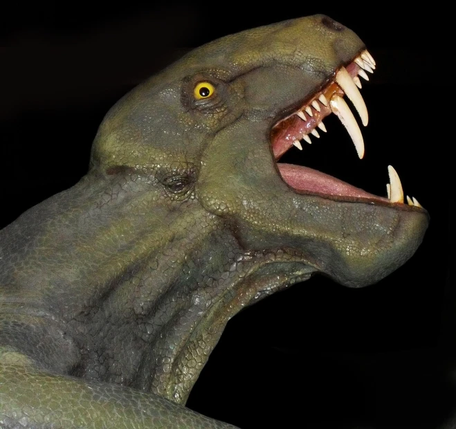 a close up of a dinosaur with its mouth open, by Juan O'Gorman, realism, detailed zoom photo, ( ready - made ), restored, deep sea creature