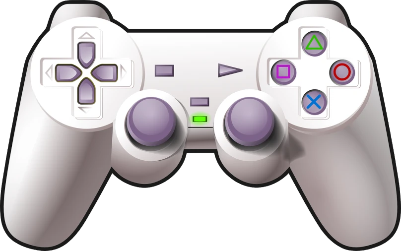 a close up of a video game controller, a digital rendering, inspired by Miyamoto, computer art, white and purple, ps 2 graphics, clipart, a high angle shot