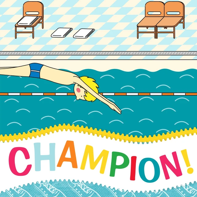 a person jumping off a diving board into a pool, a poster, by Helen Stevenson, shutterstock, naive art, champion, archie comic style, word, sticker illustration