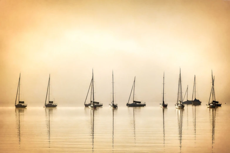 a group of sailboats floating on top of a body of water, a photo, by Richard Carline, shutterstock, tonalism, yellow mist, in a row, infinity, fine art photograph