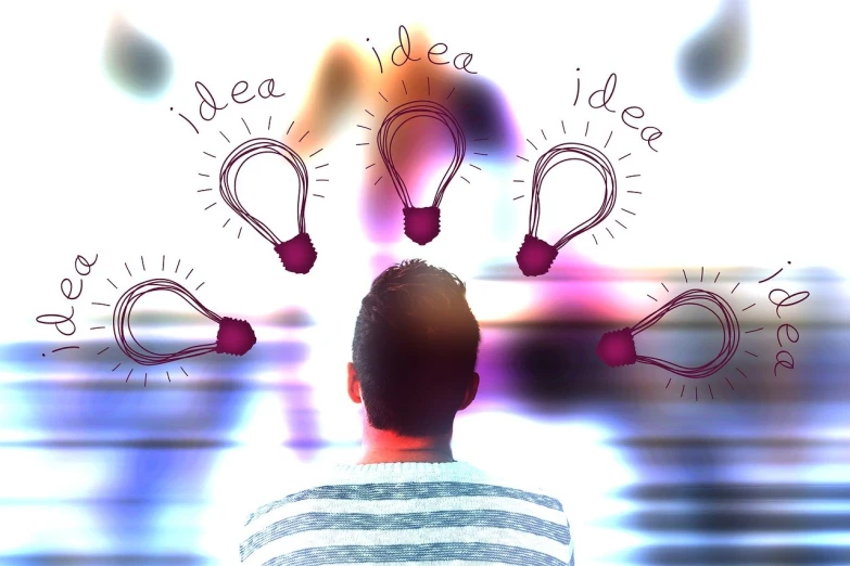 a man standing in front of a bunch of light bulbs, concept art, thinking pose, drawn image, istockphoto, jaidenanimations