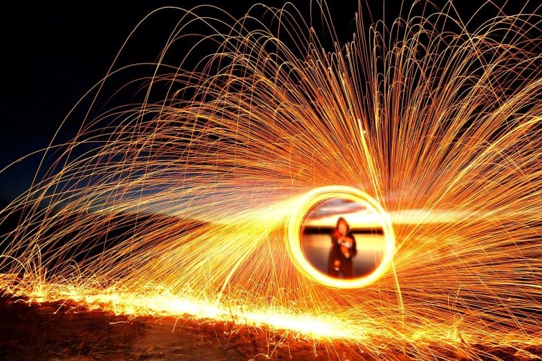 a man standing in the middle of a circle of sparks, a picture, art photography, istockphoto, sitting on the beach at night, orange halo, professional master piece