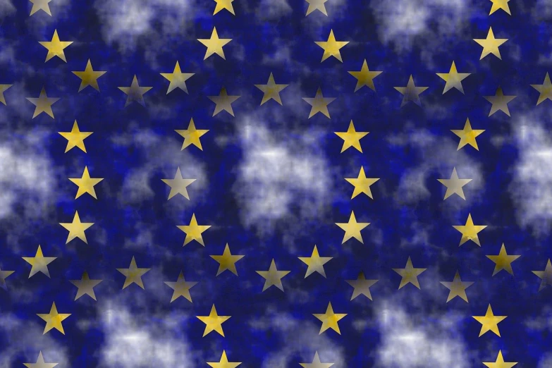 a pattern of gold stars on a blue background, a portrait, by Jon Coffelt, pixabay, baroque, european union flag, in clouds of smoke, seamless texture, high res photo