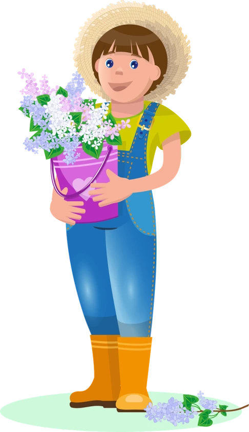 a woman in overalls holding a bucket of flowers, a digital rendering, trending on pixabay, naive art, on black background, cute little girl, verbena, clipart