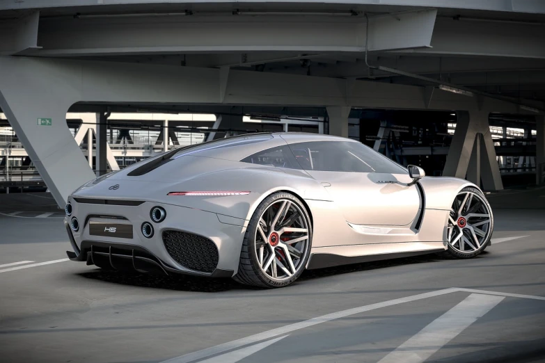 a silver sports car parked in a parking lot, a digital rendering, inspired by Harry Haenigsen, tumblr, jaguar, concept art-h 640, ultra wide-shot, f 8 apeture