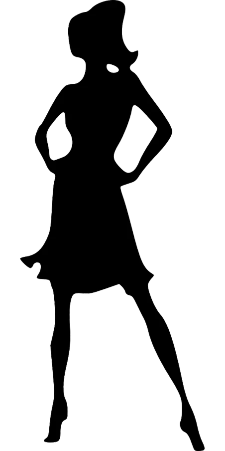 a silhouette of a woman in a dress and hat, a cartoon, inspired by Martina Krupičková, pixabay, doing a sassy pose, rectangle, teenage girl, waist high