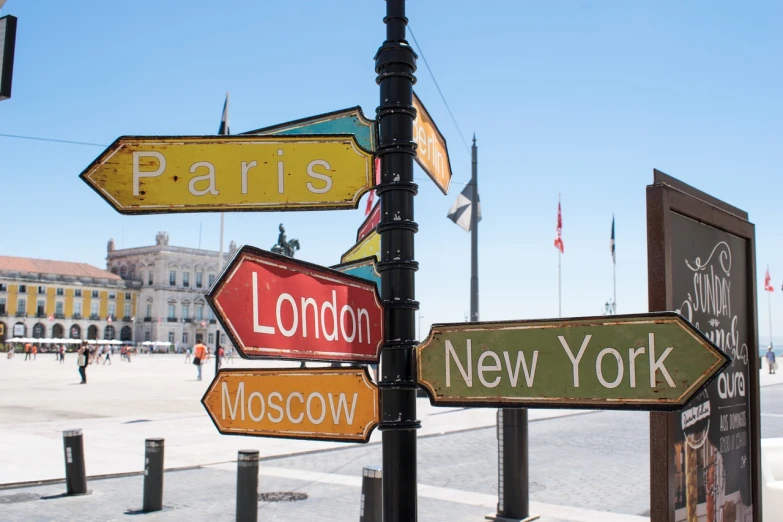 a pole with a bunch of street signs on it, a photo, shutterstock, regionalism, several continents, vacation photo, no blur, 2 0 2 2 photo