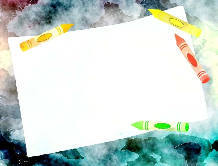 a close up of a piece of paper with crayons on it, trending on pixabay, smoke background, white border frame, watercolor illustration style, ufotable art style