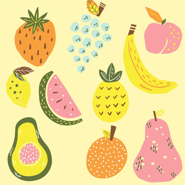 a bunch of fruit on a yellow background, vector art, shutterstock, naive art, mixed media style illustration, on a pale background, colorful palette illustration, cuts
