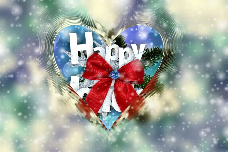 a close up of a heart with a bow, a picture, hurufiyya, christmas night, digital collage, happy appearance, pines symbol in the corners
