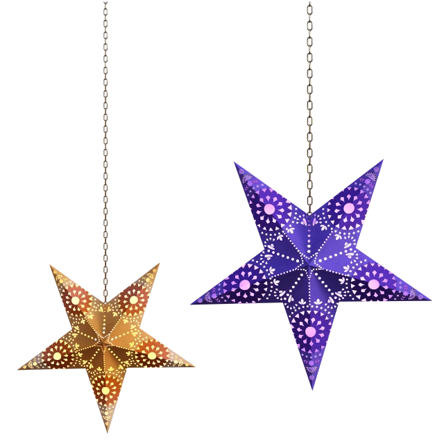 two paper stars hanging from chains on a black background, a digital rendering, hurufiyya, front and side view, a brightly coloured, lantern, -h 1024