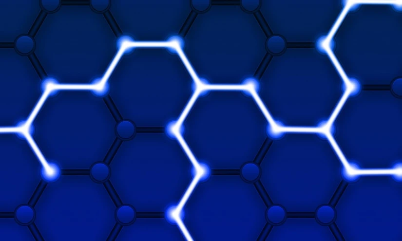 a close up of a blue background with hexagons, by Aleksander Gierymski, flickr, digital art, thick glowing chains, iphone wallpaper, bio-luminescence, background image