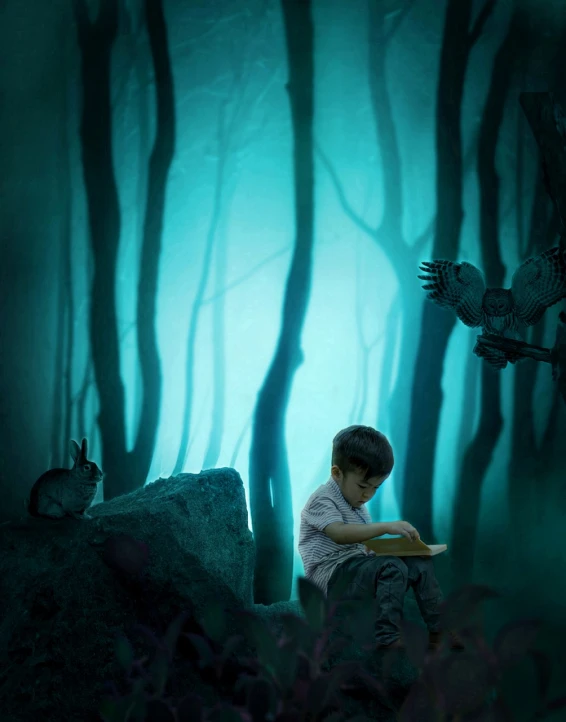 a boy sitting on a rock in the middle of a forest, a storybook illustration, shutterstock contest winner, magical realism, quiet forest night scene, creative photo manipulation, high quality fantasy stock photo, reading a book