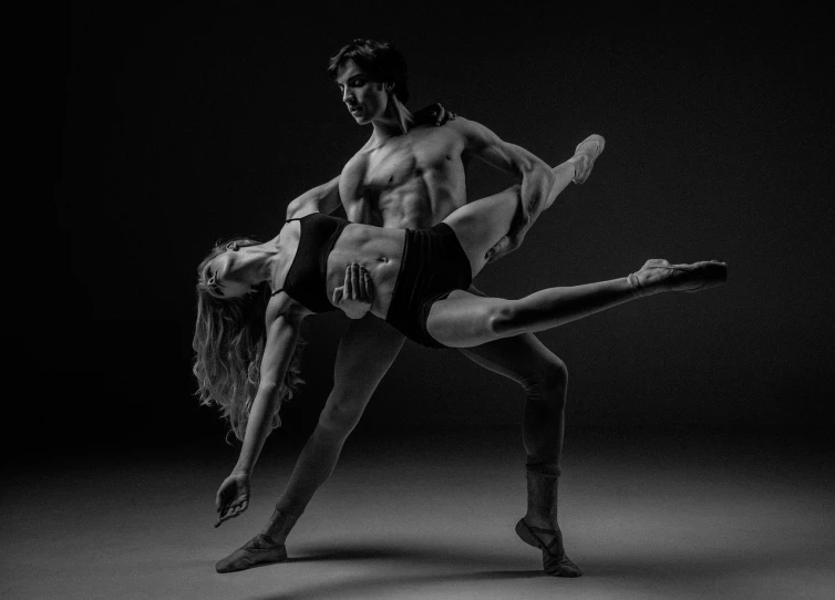 a man and a woman in a black and white photo, by Matija Jama, arabesque, stunning action poses, sydney hanson, shot with sony alpha, half - body