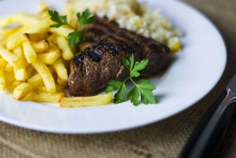 a white plate topped with a steak and french fries, by Aleksander Gierymski, shutterstock, greek romanian, shot on nikon d 3 2 0 0, very very very very detailed, stock photo