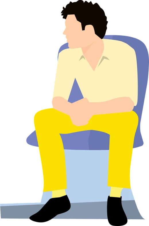 a man sitting in a chair with his legs crossed, a cartoon, trending on pixabay, digital art, blue and yellow color theme, zoomed out full body, a blond, young man with short