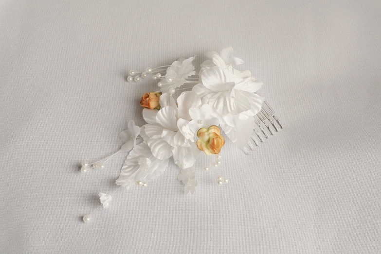 a close up of a hair comb with flowers and pearls, baroque, ( ready - made ), ivory, marigold, -h 1024