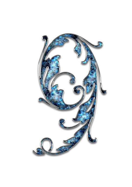 a blue swirly design on a black background, a digital rendering, art nouveau, made out of shiny white metal, nine separated hd, beautiful bone structure, sickle