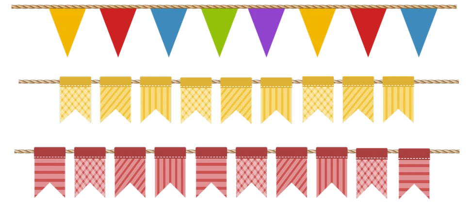 a set of bunting flags on a black background, a digital rendering, sōsaku hanga, sprite sheet, [ [ soft ] ], ropes, detailed screenshot