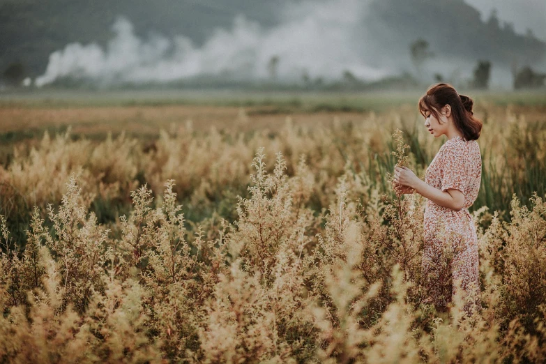 a woman standing in a field of tall grass, by Tan Ting-pho, unsplash contest winner, smokey atmosphere, panoramic view of girl, 4 5 mm bokeh, traditional art