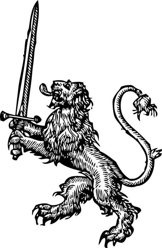 a black and white drawing of a lion holding a sword, a woodcut, inspired by Jacques Callot, sots art, graphic detail, flag, [ digital art, scotland