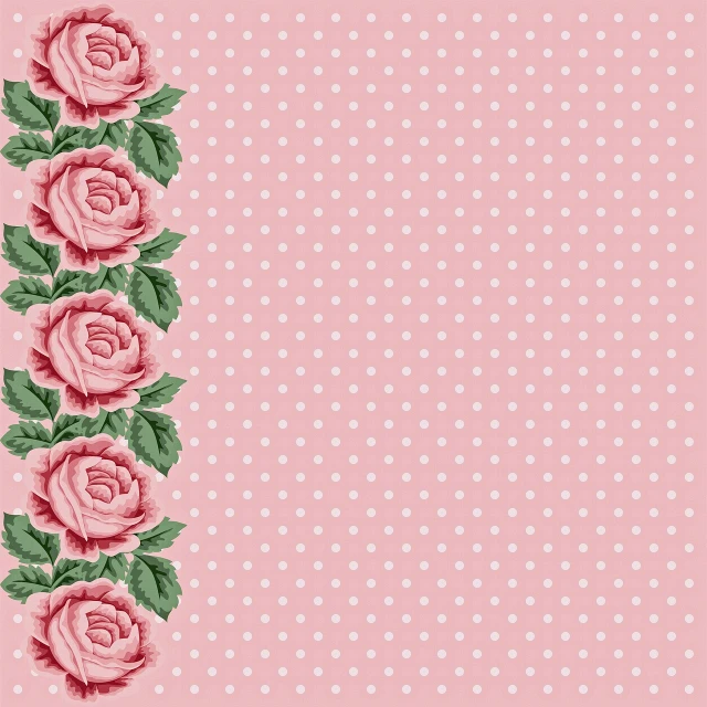 a pink rose border on a polka dot background, inspired by Katsushika Ōi, romanticism, 1950s illustration style, high quality illustration, four, facing front