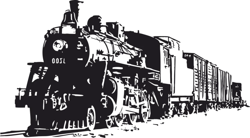 a black and white image of a train, lineart, posterized color, header, background ( dark _ smokiness ), 2 d render