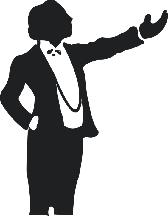 a black and white silhouette of a man in a tuxedo, concept art, by Maxwell Bates, pixabay, minimalism, with pointing finger, jazz age, arms extended, banner