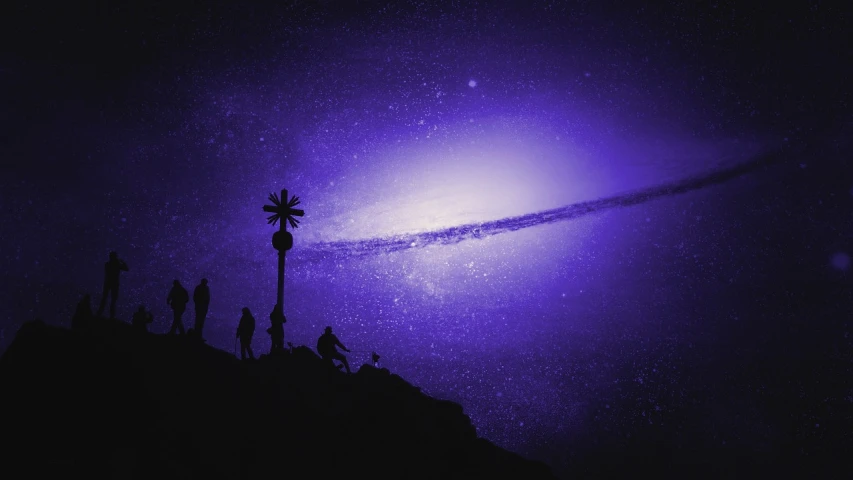 a group of people standing on top of a hill, pexels contest winner, space art, purple scene lighting, christmas night, stylized silhouette, traveling into a blackhole
