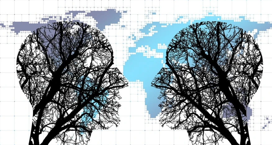 two silhouettes of trees with a world map in the background, digital art, generative art, human brain, face to face, high-res, symmetry