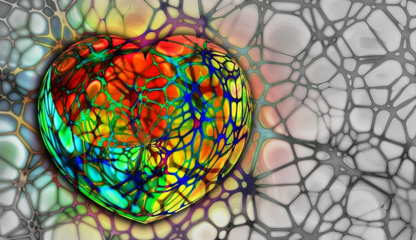 a close up of a colorful heart shaped object, a digital rendering, generative art, nerve cells, stained glass background, transparent carapace, illustration”