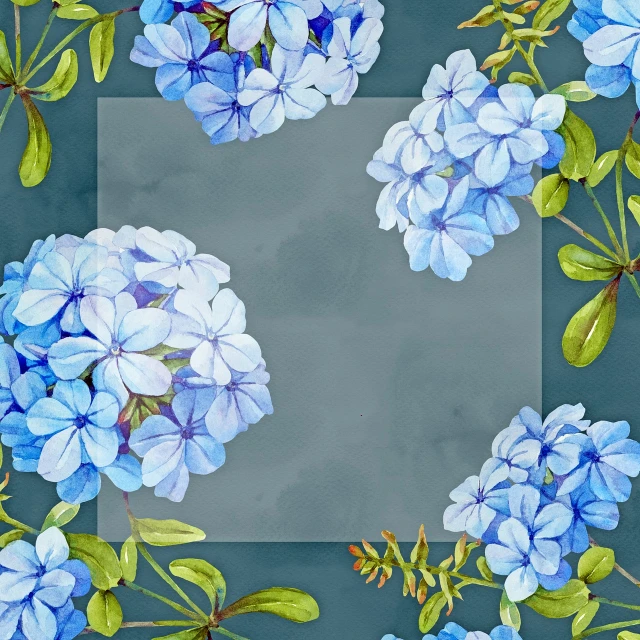 a painting of blue flowers on a green background, a digital painting, inspired by Laura Wheeler Waring, shutterstock, hydrangea, beautiful frames, background image