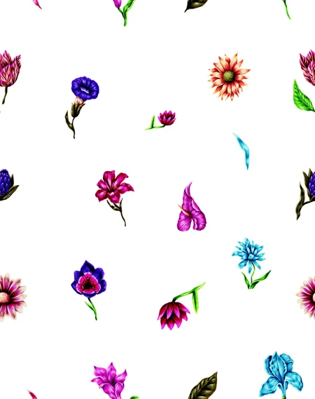 a bunch of different colored flowers on a white background, an illustration of, tumblr, background image, floral patterned skin, floating detailes, top - down photo