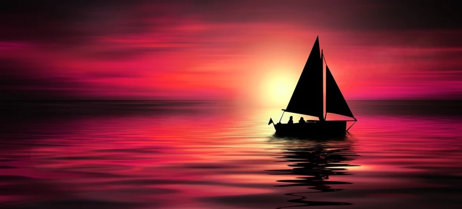 a boat floating on top of a body of water, a digital rendering, pixabay contest winner, romanticism, redpink sunset, silhouette, sails, istock