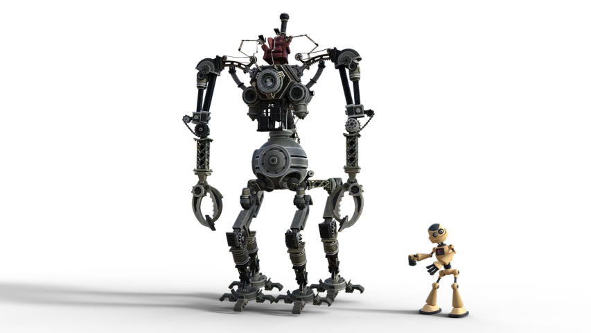 a robot that is standing next to a toy, concept art, polycount contest winner, dada, steampunk engineer, part robot and part black human, highly detailed textured 8k, giant mechanisms
