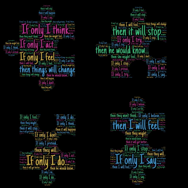 four different types of words on a black background, digital art, inspired by Milton Glaser, jigsaw, if i only could, in teh style of tony start, one thing