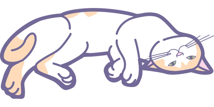 a cat that is laying down on the ground, a cartoon, by Lisa Milroy, sōsaku hanga, clean lineart and flat color, loosely cropped, with a black background, long arm