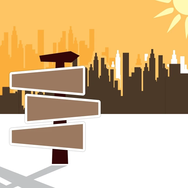 a street sign in front of a city skyline, conceptual art, warm color scheme art rendition, svg illustration, some floating billboards, warm sunshine