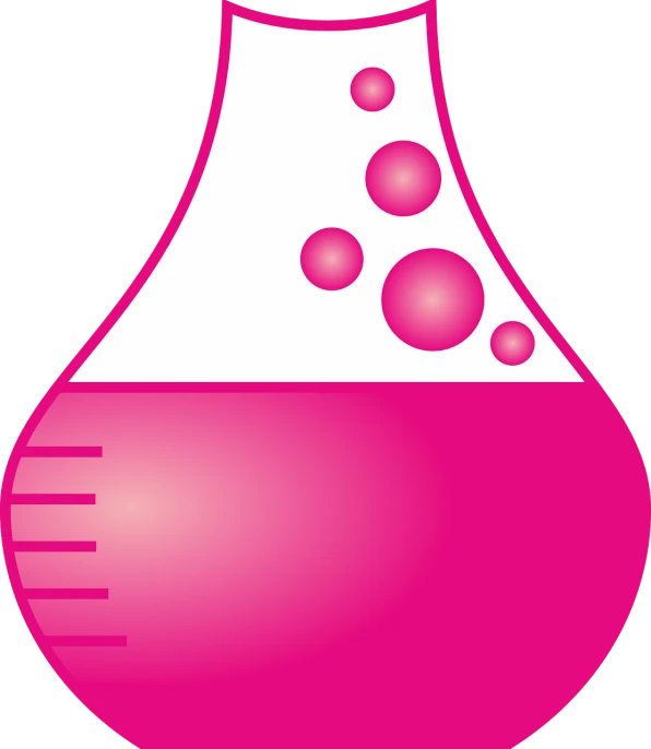 a pink flask with bubbles in it, a digital rendering, inspired by Masamitsu Ōta, pixabay, logo for research lab, vector illustration, tear drop, beakers full of liquid