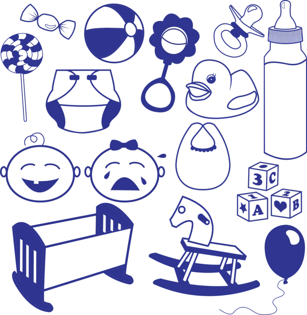 a collection of baby items on a black background, vector art, by Robin Guthrie, graffiti, all dark blue metal, black light, beautiful wallpaper, lowres