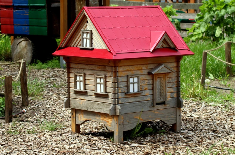 a small wooden house with a red roof, by Stefan Gierowski, flickr, folk art, hive, replica model, akimino kamijyo, gardening