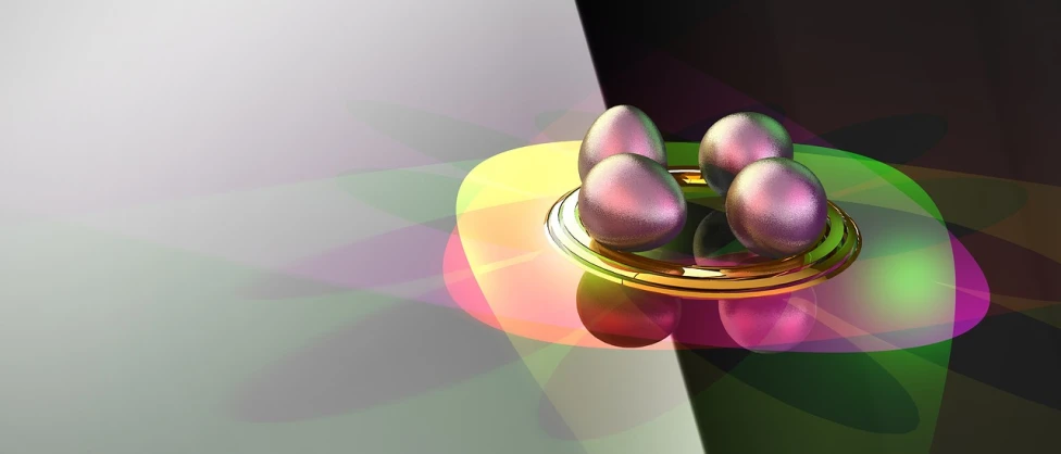 a close up of a plate with eggs on it, a raytraced image, inspired by Anna Füssli, digital art, volumetric rainbow lighting, green magenta and gold, metalic reflections, promotional render
