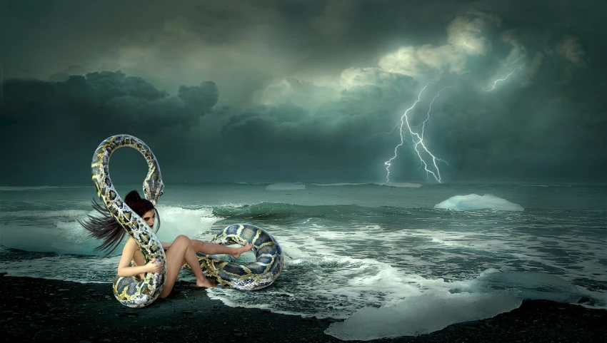 a woman laying on top of a beach next to the ocean, digital art, inspired by Storm Thorgerson, pixabay contest winner, fantasy art, stormy sky with thunders, sitting in a plastic throne, queen of snakes, looking threatening