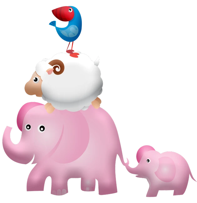 a baby elephant standing on top of an adult elephant, a digital rendering, dada, pig pig pig, with a black background, no gradients, sheep