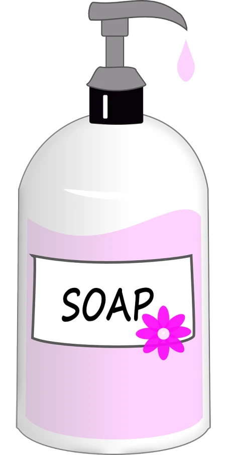 a bottle of soap with a pink flower on it, a picture, pixabay, process art, clip art, sarah andersen, product label, 3 6 0 p